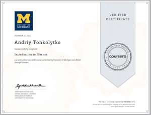 Сертификат об успешном завершении курса по финансам в Ross Business School в University of Michigan.